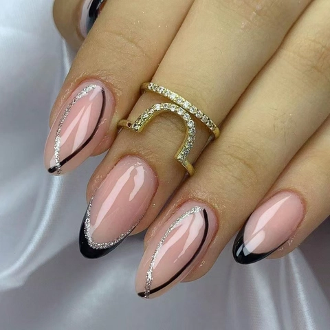 French Glossy Press On Nails Almond Shape Pink And Black Edge With Silver Glitter Lines Artificial False Nails