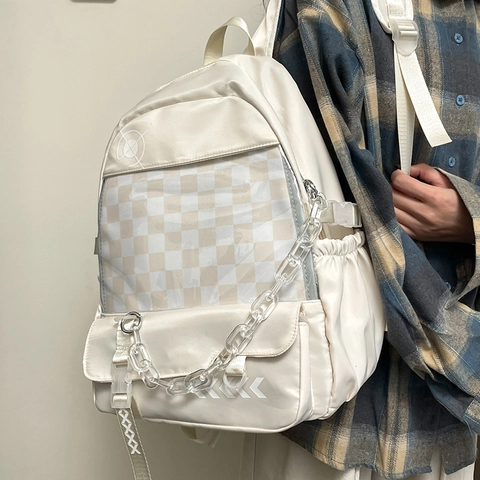 Mochila Estética De Nylon Para Estudiantes Gran Capacidad Moda Bolso Ita Con Patrón De Cuadros Ventana Transparente Y Cadena De Acrílico