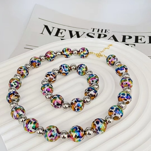 Western Style Laser Leopard Print Round Bead Necklace For Women Individual Fashion Copper Beaded Bracelet Jewelry Accessory