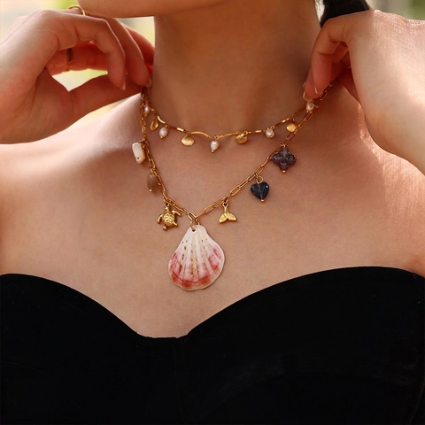 Collana Pendente Tartaruga Marina Coda Di Balena Acciaio Inossidabile Conchiglia Naturale Pietra Spiaggia Estate Accessori Per Donne