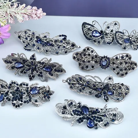 Vintage Spring Hair Clip For Women Alloy Hollow Flower Butterfly Design With Blue Rhinestones Retro Hair Accessory