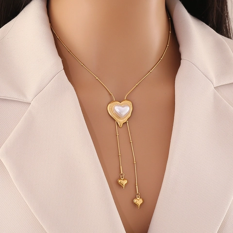 Collana Lunga Con Nappa In Acciaio Inossidabile Perla Artificial Sintetica Camelia Cuore A Forma Di Y Gioielli Di Moda Eleganti Per Donne