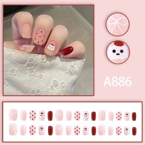 Press On Nagels Glanzend Kunstnagels Met Schattige Hond Polka Dot Witte Strik Voor Dames Korte Vierkante Vorm