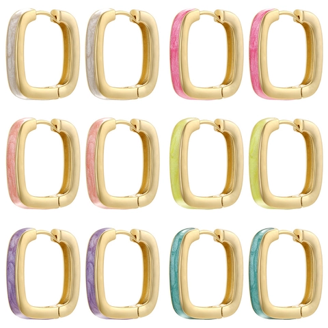 Sweet Colorful Enamel Geometric Square Hoop Earrings Copper Gold Plated Minimalist Drip Oil Earrings For Women Jewelry