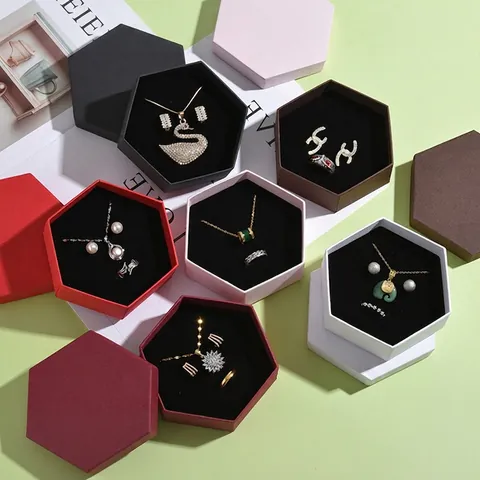 Zeshoekige Sieradenhouder Getextureerd Karton Cadeauverpakking Voor Ring Ketting Oorbel Opslag Fluwelen Voering