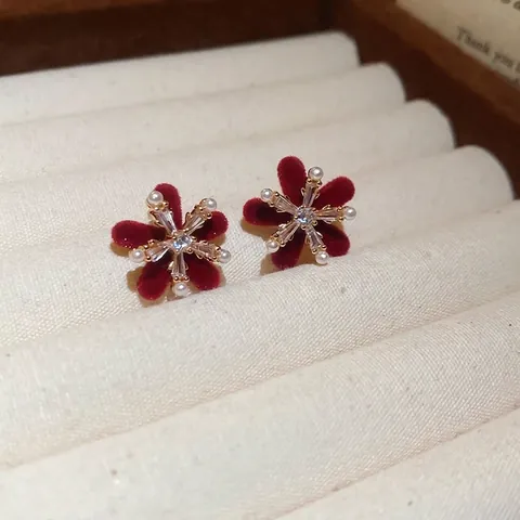 Red Flocked Flower Stud Earrings With 925 Sterling Silver Earring Post Zircon Imitation Artificial Pearl Elegant Jewelry For Women