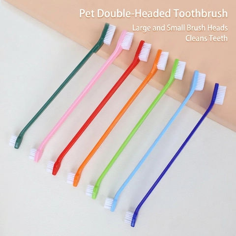 Pet Toothbrush Double Ended Long Handle PP Handle Soft Nylon Bristles Oral Cleaning Hygiene Care Tool For Dogs And Cats