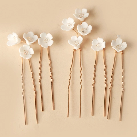 Bridal Flower Hairpins Handmade White Ceramic Floral Hair Clips Crystal U Shaped Wedding Hair Accessories Elegant Headpiece