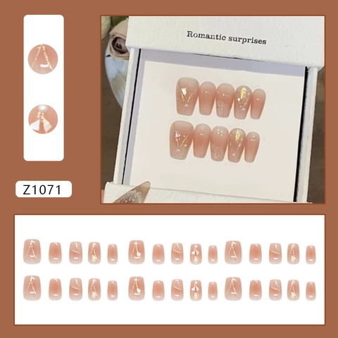 Unghie Finte Sfumate Rosa Nude Decorazione Foglia Oro Perla Artificial Forma Balletto Unghie Artificiali Accessorio Manicure Elegante