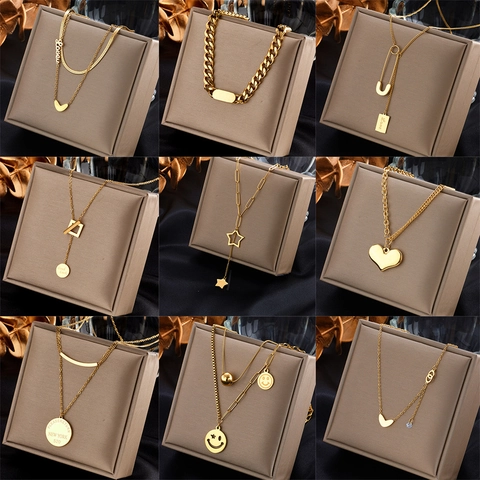 Collar de Cadena Irregular de Acero Inoxidable Chapado en Oro de Diseño de Nicho Colgante de Corazón Estrella Cara Sonriente Joyería de Moda para Mujer