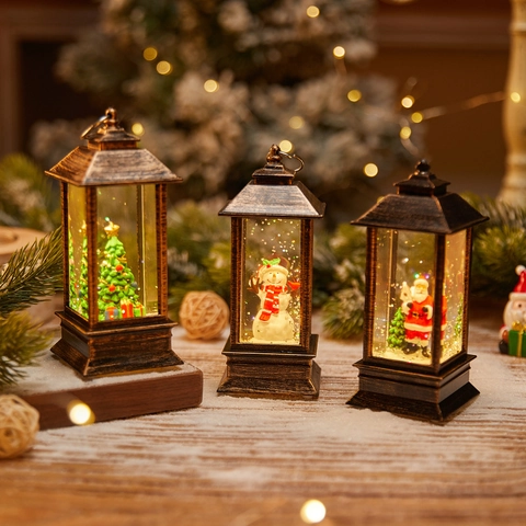 Weihnachten Schneekugel Laterne LED Beleuchtet Retro Telefonzelle Zug Form Glitzerndes Desktop Feiertags Ornament