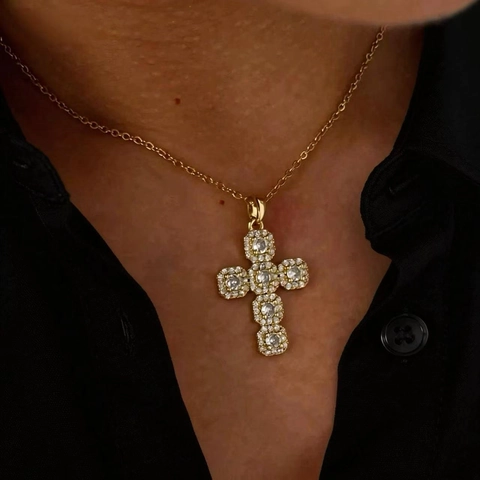 Collana Con Pendente a Croce in Rame e Zirconia Moda Catena a O in Acciaio Inossidabile Placcato Oro Gioielli Religiosi Per Uomo Donna