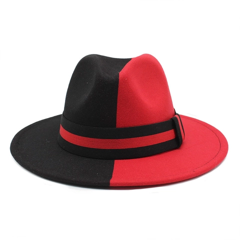 Zweifarbiger Patchwork Fedora Hut Baumwolle Polyester Filz Breite Flache Krempe Jazz Party Stil Unisex Mode Accessoire