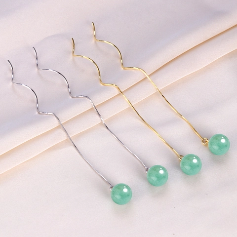 Boucles d'Oreilles Traversantes en Argent Sterling 925 Jade Aventurine pour Femmes Longue Chaîne Ondulée Goutte Bijoux Pierre Verte