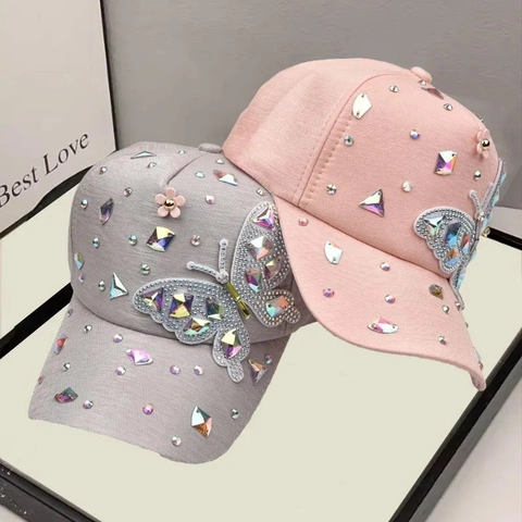 Butterfly Rhinestone Baseball Cap Cotton Colorful Crystal Sun Hat Adjustable Fashion Outdoor For Women