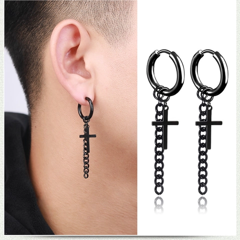 Punk Kreuz Anhänger Creolen Edelstahl Kette Drop Clip On Ohrringe Für Männer Gothic Streetwear