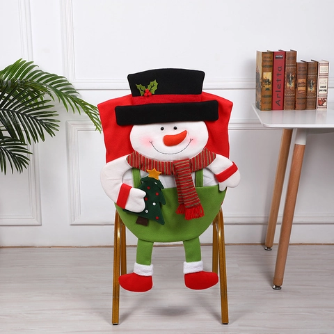 Christmas Chair Covers Fabric Fleece 3D Cartoon Santa Snowman Elf Dining Room Restaurant Home Party Decoration Holiday