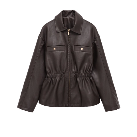 Women PU Leather Jacket Short Slimming Waist Outerwear Long Sleeve Zipper Flap Pockets Solid Color Faux Leather Coat