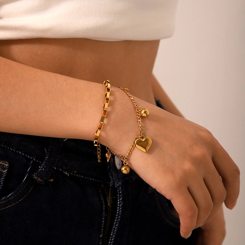 Roestvrijstalen Dubbellaagse Armband Met Harthangers En Kralen 18K Verguld Minimalistische Sieraden Voor Dames