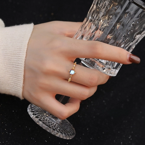 S925 Sterling Silver Moonstone Open Ring For Women Adjustable Geometric Ring With Rhinestone Fashion Commute Jewelry Gift