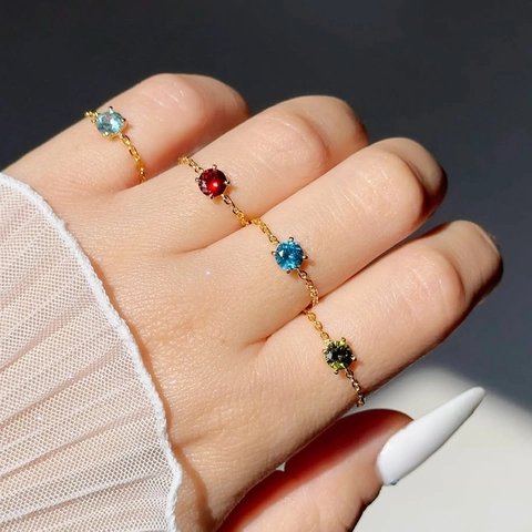 Anello A Catena Regolabile Rame Zirconia Cubica Colorata Rotonda Maglia Morbida Perlina Scorrevole Ciondolo Cuore Gioielli Chic Da Donna