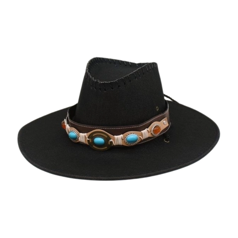 Western Cowboy Hat Wide Brim Polyester With Faux Leather Band Turquoise Stones Retro Bohemian Style For Outdoor