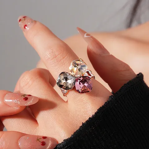 Vintage Square Zircon Adjustable Open Ring Copper Patchwork Cushion Cut Luxury Statement Jewelry For Women Exquisite