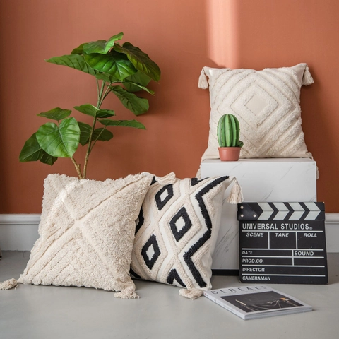 Tufted Cushion Cover Cotton Polyester Pillow Case With Tassels Boho Moroccan Geometric Floral Ethnic Style Home Decor