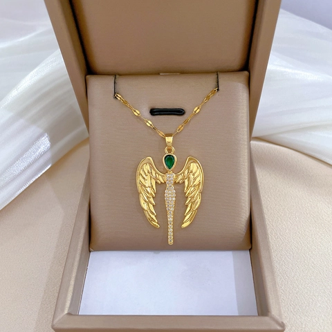 Collana Con Pendente Ali Di Angelo Acciaio Inossidabile Rame Con Pietra Preziosa Verde Strass Elegante Tono Oro Per Donna
