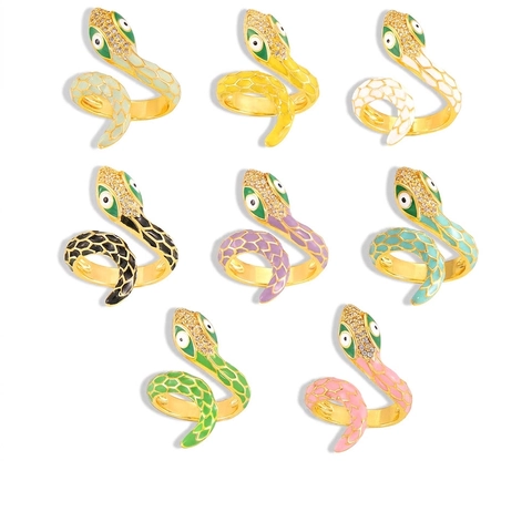 Anillo Abierto Serpiente Cobre Esmalte Colorido Circón Incrustado Forma Animal Joyas Hip Hop Para Mujeres