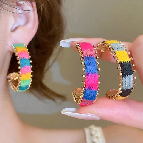 Créoles En Corde Tricotée Colorée Avec Base En Alliage Et Tige En Argent Sterling 925 Bijoux Bohèmes Faits À La Main En Forme De C