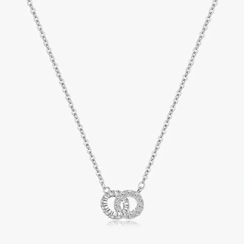 Elegant 925 Sterling Silver Double Interlocking Ring Pendant Necklace For Women Chic Pavé Rhinestone Geometric Jewelry