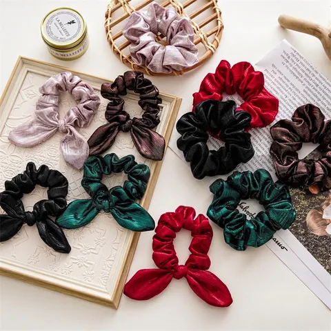 Christmas Metallic Gloss Fabric Scrunchies Bow Knot Long Streamers Rabbit Ears Hair Ties For Women Festive Hair Ornaments