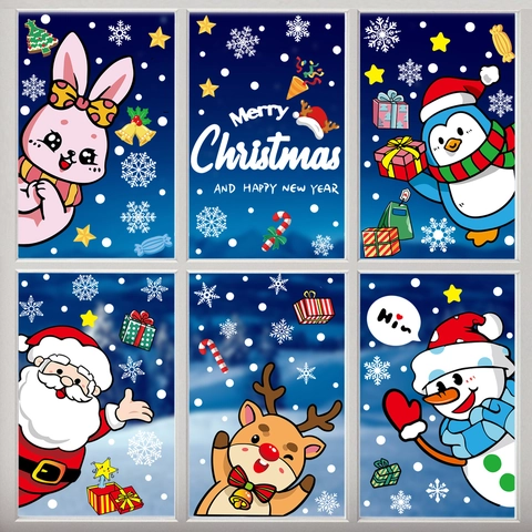 Adesivi Finestra Natale PVC Statici Doppia Faccia Babbo Natale Pupazzo Di Neve Renna Decorazione Vetro