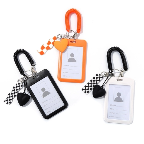 ID Card Holder Badge Protector Checkerboard Pattern Heart Pendant Spiral Lanyard Fashion Bag Charm Portable