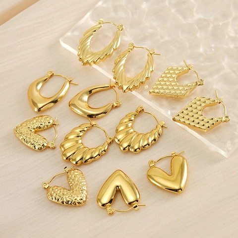 Pendientes De Aro Geométricos Vintage Para Mujer Acero Inoxidable Chapado En Oro De 18K Huecos Texturizados Joyería Moda