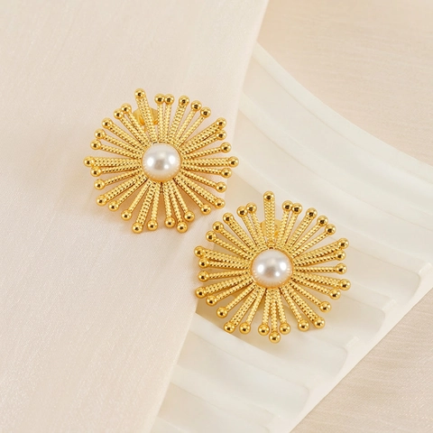 Pendientes De Botón De Perla Artificial Flor Sol Acero Inoxidable Chapado En Oro 18K Bohemio Vintage Mujer