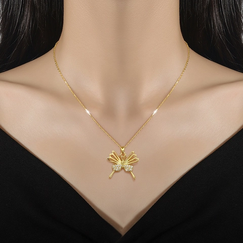 Butterfly Pendant Necklace With Stainless Steel Chain Copper Zircon Inlaid Hollow Gold Plated Elegant Jewelry For Women