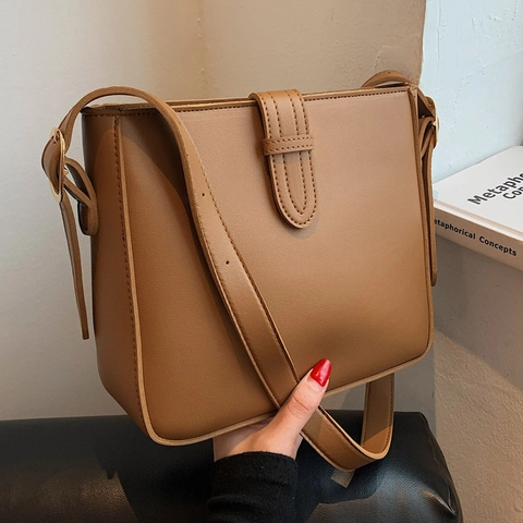 Fashion Women Shoulder Bag PU Leather Square Bucket Crossbody Retro Minimalist Adjustable Strap Solid Color