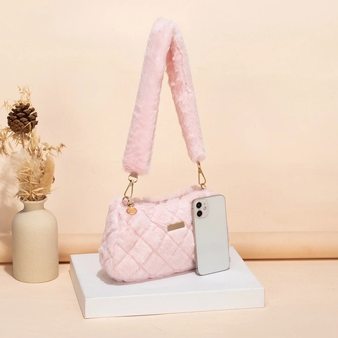 Plüsch Schultertasche Damen Kunstfell Gesteppt Rautenmuster Achseltasche Schick Herbst Winter Handtasche