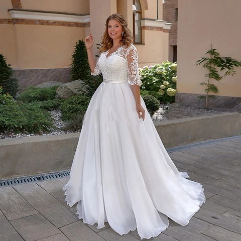 Elegant Wedding Dress V-Neck Three Quarter Lace Sleeves Satin A-Line Bridal Gown Backless White Floor Length