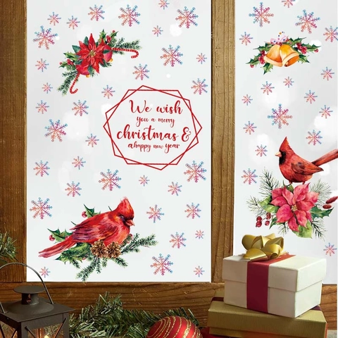 Christmas Window Stickers PVC Snowflake Cardinal Bird Floral Decals Festive Holiday Home Decor Wall Glass Cling