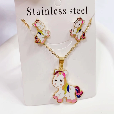 Gioielli Collana Earring Post Acciaio Inossidabile Strass Unicorno Farfalla Smalto Carino Per Donne Ragazze
