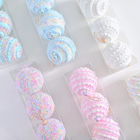 Christmas Ball Ornaments Foam Macaron Colors Textured Fabric Beads Hanging Xmas Tree Holiday Party Home Decor