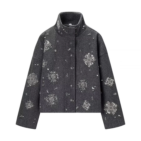 Veste Courte Femme Col Montant Manteau Court Avec Paillettes Flocon De Neige Strass Élégant Gris Hiver