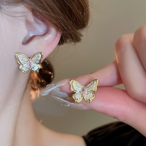 Butterfly Stud Earrings Zircon Copper Gold Plated French Elegant Niche Jewelry With Silver Earring Post