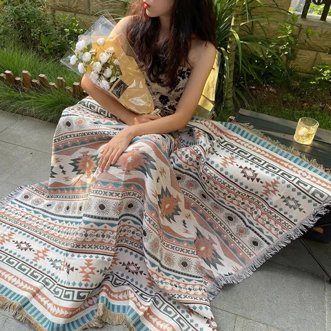 Bohemian Cotton Geometric Pattern Blanket With Tassel Fringe For Outdoor Camping Sofa Throw Woven Ethnic Style