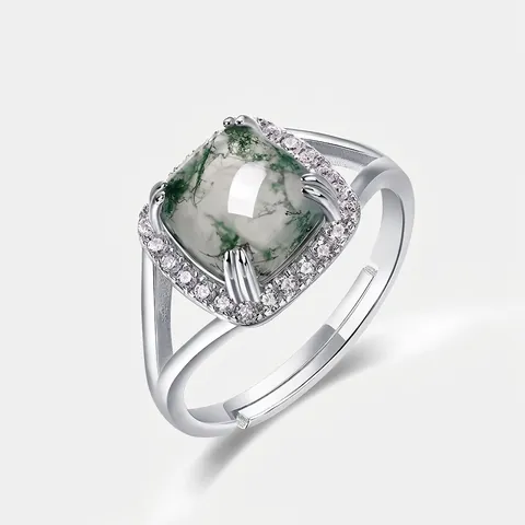 Anillo De Ágata Musgo Natural Plata De Ley 925 Corte Cojín Halo Ajustable Banda Abierta Joyería Para Mujeres Vintage Elegante