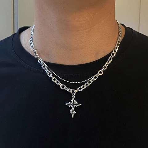 Cross Pendant Necklace Stainless Steel Cuban Chain Double Layer Hip Hop Gothic Jewelry For Men