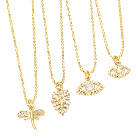 Evil Eye Libelle Blatt Anhänger Halskette Kupfer Zirkon Vergoldet Mode Schmuck Für Frauen Kugelkette